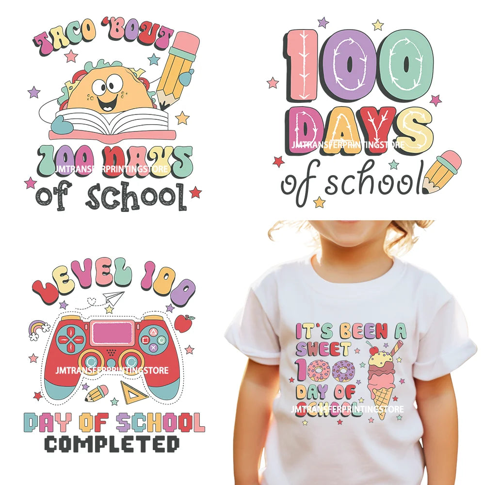 Happy 100th Days Of School Washable Printing Back To School Teach School Vibes Iron On DTF Transfer Stickers Decals For Clothing