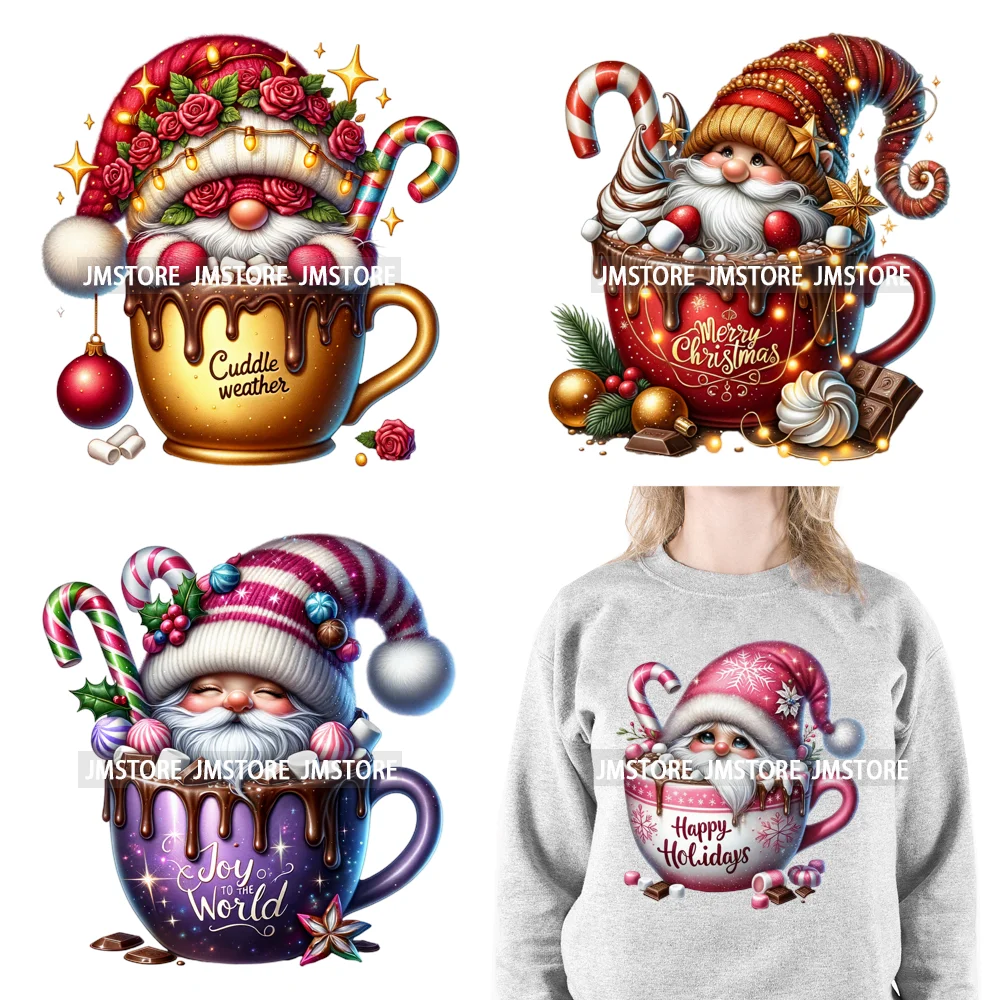 Winter Hot Cocoa Boy Cozy Gnomes Coffee Mug Tis The Season Happy Christmas Iron On DTF Heat Press Transfers Stickers For Clothes