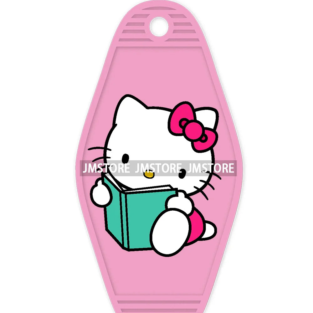 Cute Cartoon Pink Hello Cat With Bow Flower High Quality WaterProof UV DTF Sticker For Motel Hotel Keychain Labels DIY Logo