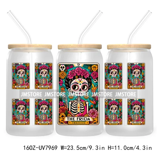 Funny Tarot Card UV DTF Sticker For 16OZ Libbey Glass Cup Can Wrap Transfer Sticker Custom Label DIY Logo Mexican Skeleton Skull