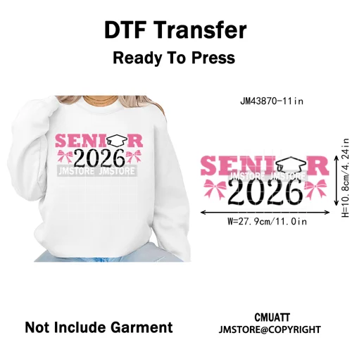 High School Senior 2026 Graduation Club Coquette Gifts Iron on Washable DTF Heat Transfers Stickers Ready to Press for Clothes