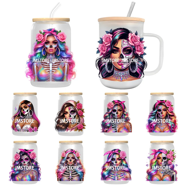 Rainbow Diamond Glamor Latina Skeleton UV DTF Transfer Stickers Decals For Libbey Cold Cups Mugs Tumbler Chicana Latina Woman