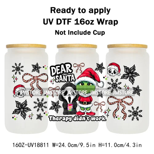 Coquette Bow Cartoon Christmas Green Guy UV DTF Cup Wrap Ready To Apply Transfer Stickers Waterproof For 16OZ Libbey Glass Can
