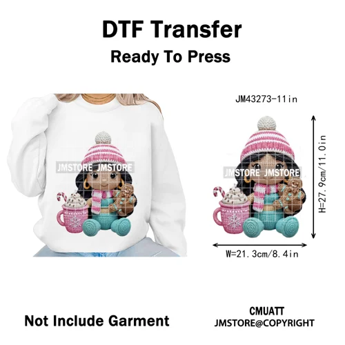 Faux Yarn Pink Hot Cocoa Cartoon Character Santa Cozy Christmas Iron on  DTF Transfers Stickers Ready to Press for T-shirts Bags