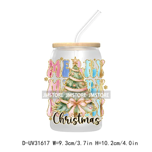 Merry Bright Coquette Bow Glitter Christmas Tree Girly UV DTF Transfer Stickers Decals For Libbey Cold Cup Mug Tumbler Durable