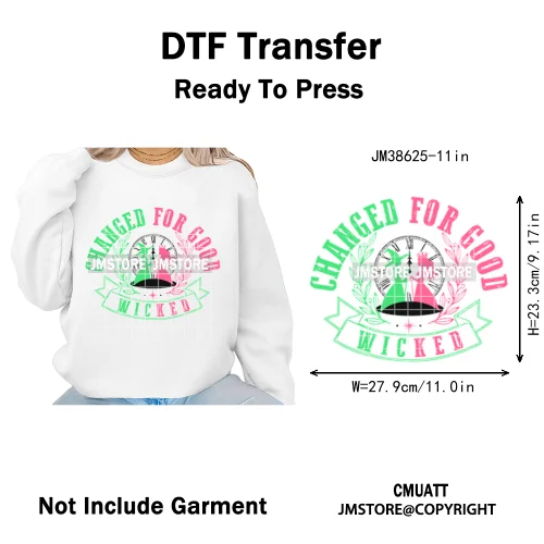 Witch Changed For Good Faux Glitter Pink and Green Movie Iron on DTF Washable Transfers Stickers Ready to Press for Clothes Bags