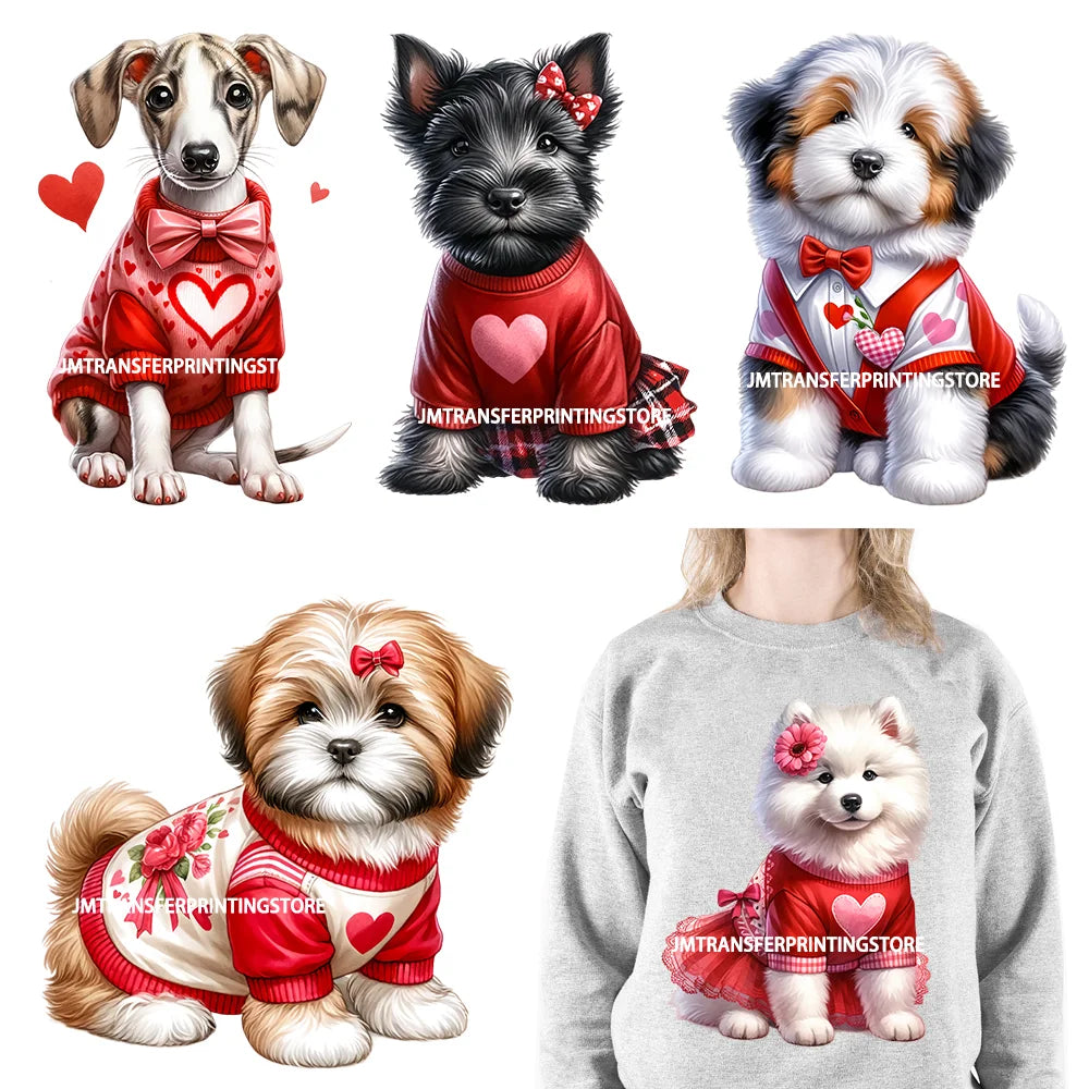 Lovely Puppy Dog Valentines Animal DTF Transfer Heat Press Iron On Stickers For Sweatshirt Coat