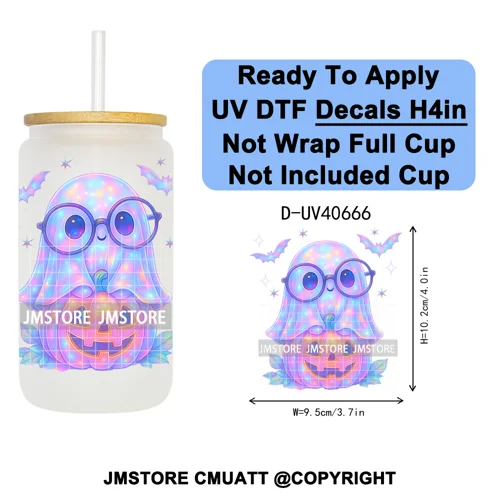 Iridescent Ghost Pumpkin Coquette Halloween UV DTF Transfer Stickers Decals Ready To Apply Waterproof For 16OZ Libbey Glass Can