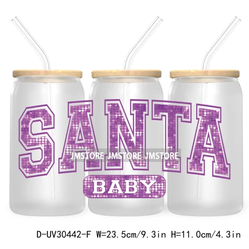 Merry And Bright Santa Baby New Year 16OZ UV Cup Wrap DTF Transfer Stickers For Libbey Glass Cups Tumbler Family Christmas Mommy