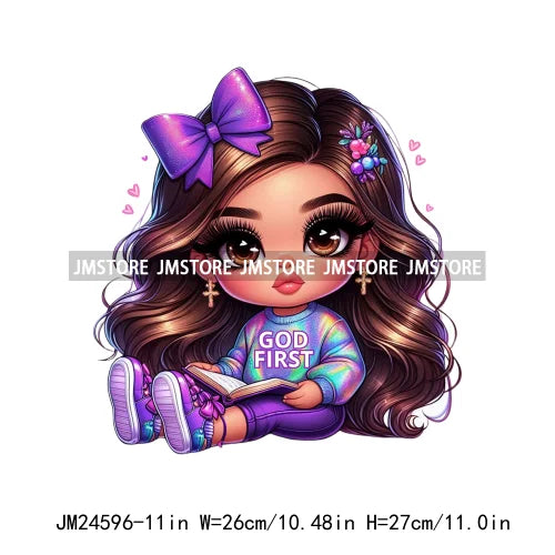 God First Chibi Cute Brown Hair Latina Dolls Baby Girls Coquette Bow Iron On DTF Transfer Stickers Ready To Press For Hoodies