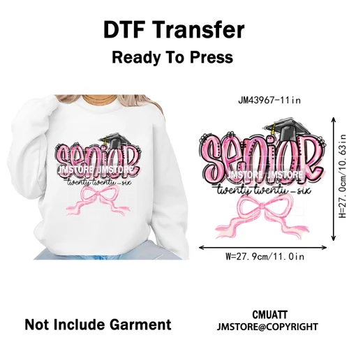 Preppy Coquette Senior 2026 Mega Graduate Cap Varsity Iron on Washable DTF Heat Transfers Stickers Ready to Press for Textiles