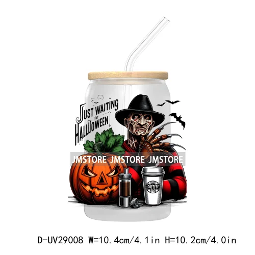 Just Waiting For Halloween UV DTF Transfer Stickers Decals For Libbey Cold Cups Mugs Tumbler Waterproof Craft Horror Killers Bow