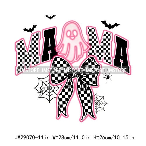 New Spooky Mama Neon Halloween Checkered Girly Coquette Bow Designs Iron On DTF Transfer Stickers Ready To Press For Hoodies