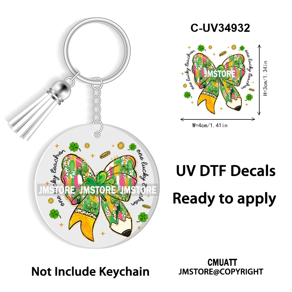 Faux Glitter Lucky Shamrock Coquette St. Patrick's Day WaterProof UV DTF Stickers For Round Circle Acrylic Keychain Key Ring