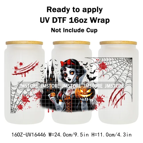 Halloween Witch Princess Bat Pumpkin UV DTF Wraps Transfer Stickers Waterproof High Quality For 16OZ Libbey Glass Can Tumbler