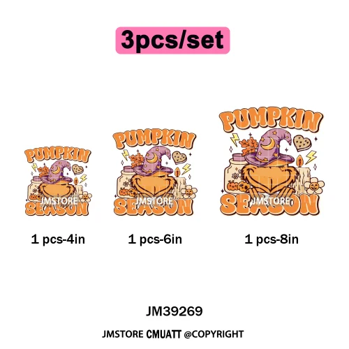 Pumpkin Spice Season Cartoon Horror Nightmare Halloween Vibes Iron on DTF Washable Transfers Stickers Ready to Press for Hoodies
