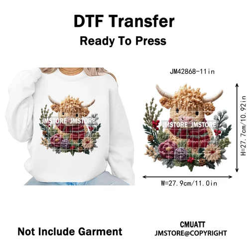 Faux Latch Hook Yarn Crochet Christmas Highland Cow Santa Iron on DTF Washable Transfer Stickers Ready to Press for Garment Bags