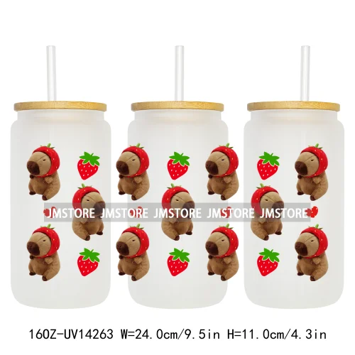 Cute Capybara Flower Heart UV DTF Wraps Transfer Sticker Selfadhesive Waterproof High Quality For 16OZ Libbey Glass Can Tumbler