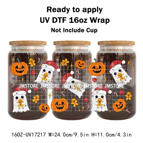 Cute Christmas Ghost Coquette Strawberry Cake UV DTF Stickers Ready To Transfer Cup Wrap Waterproof Logo For Libbey Can Glass