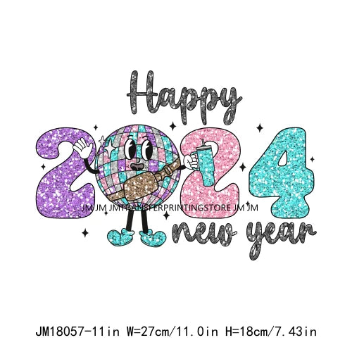 Happy New Year 2024 Printing Cheers To The New Year Faux Glitter Sequin Iron On DTF Transfer Sticker Ready To Press For Clothing