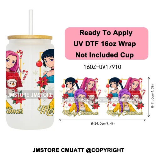 Merry Christmas Kpop Movie Character Anime Girl UV DTF Stickers Ready To Apply Cup Wrap High Quality For 16OZ Libbey Can Glass