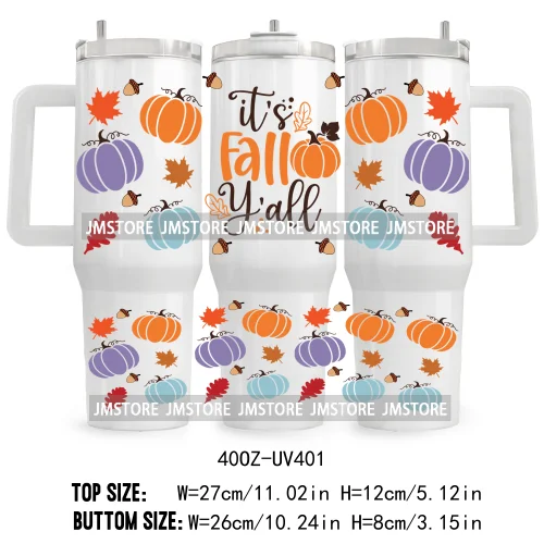 Fall Vibes Vintage Flowers UV DTF Tumbler Wrap Transfer Stickers Feral Girl Autumns Pumpkins 40OZ Wraps Waterproof Custom Labels