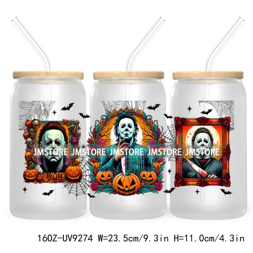 Scary Movies Halloween 16OZ UV DTF Cup Wrap Transfer Stickers Custom Labels Waterproof Logo For Libbey Glass Can Spooky Season