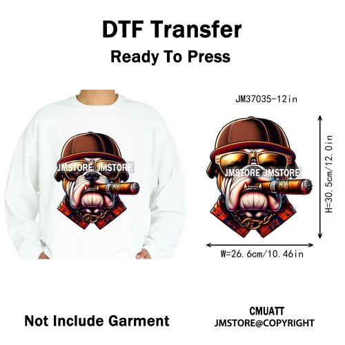12in Streetwear Vibes Rich Cool Cartoon Bulldog King Designs Washable Iron on DTF Transfers Stickers Ready to Press for Clothes