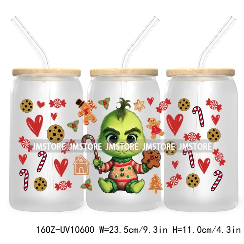 Cute Baby Green Character Christmas Season 16OZ UV Cup Wrap DTF Transfer Stickers For Libbey Glass Can Cups Tumbler Coquette Bow