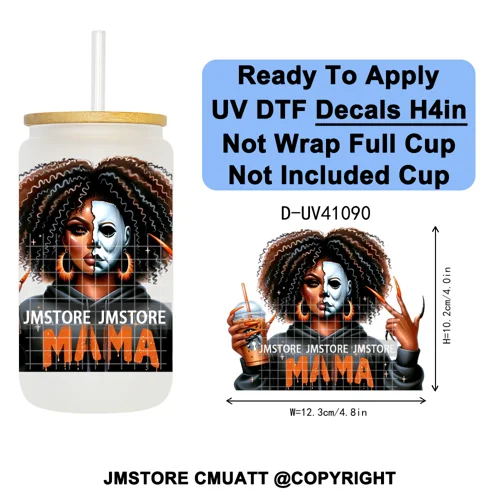 Scary Movie Character Afro Girls Halloween UV DTF Transfer Stickers Decals Ready To Apply Waterproof For 16OZ Libbey Glass Can