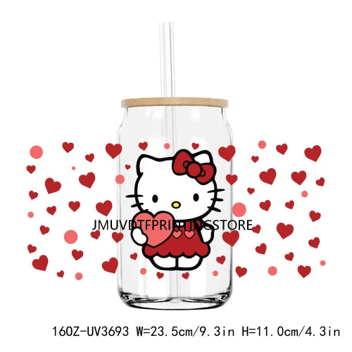 Cartoon Hello Girl Cat Valentine's Day UV DTF Sticker For 16OZ Libbey Glass Cup Can Wrap Transfer Sticker Custom Labels DIY Logo