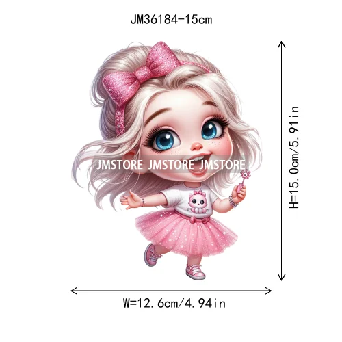 15cm 5.9in Cute Pink Princess Girl Iron On DTF Heat Transfer Stickers For Clothes Printed Vinyl Applique Washable T-Shirt Decals