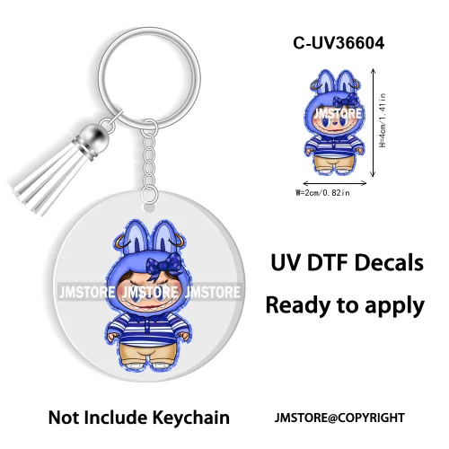 Coquette Bow Cartoon Monsters Doll In Costume Decal Round Keychain Ready To Apply UV DTF Transfer Stickers For Circle Keychain