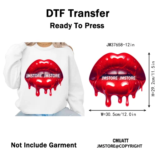 12in Glossy Dripping Lips Streetwear Graffiti Trap Girls Iron on DTF Thermal Transfer Stickers Ready to Press for Woman Clothing