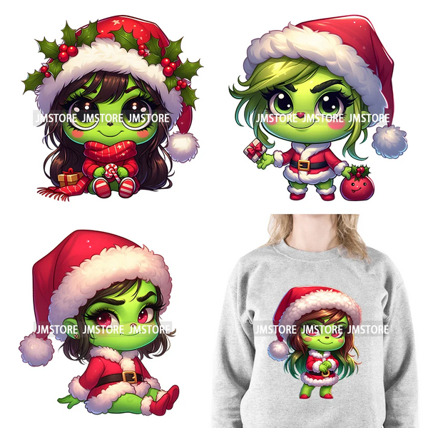 Cute Green Baby Cartoon Santa Claus Christmas Vibes Xmas Holiday Iron On DTF Transfers Stickers Ready To Press For Sweatshirts