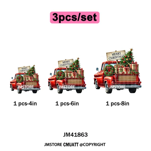 Christmas Pickup Truck Car Winter Tree Snowy Holiday Decoration Iron on DTF Heat Transfers Stickers Ready to Press for Clothing