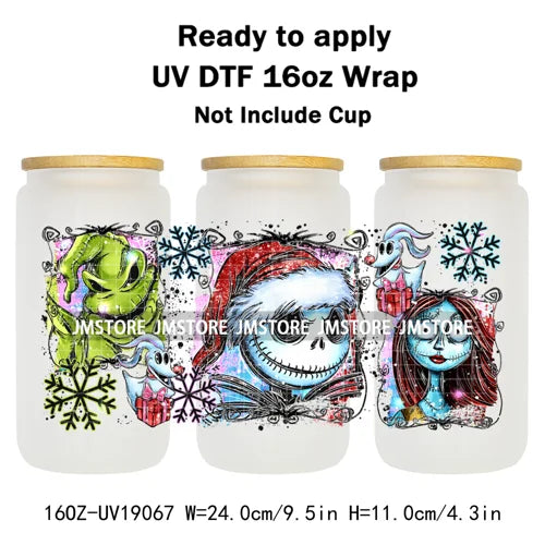 Christmas Couple Cartoon Princess UV DTF Cup Wrap Ready To Apply Transfer Sticker Custom 16OZ Tumbler Wraps For Libbey Glass Can