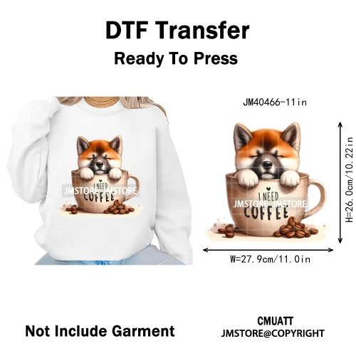 Funny Cartoon Pet Puppy Small Sleeping Cozy Coffee Dogs Lover Iron on DTF Washable Transfers Sticker Ready to Press for Clothing