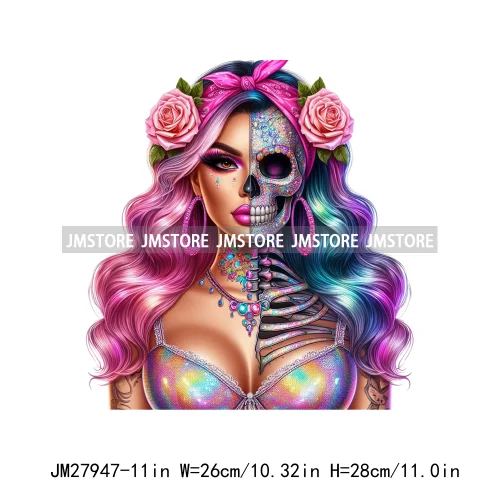 Raninbow Diamond Glamor Latina Skeleton Woman Rose Chicana  Earing Girls DTF Iron On Heat Press Transfer Stickers For Clothes