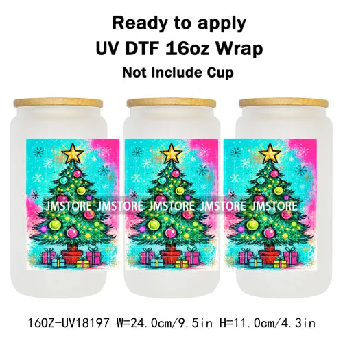 Preppy Brushstroke Christmas Santa Claus 16OZ UV DTF Cup Wraps Ready To Apply Waterproof Transfer Stickers For Libbey Glass Can