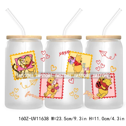 Cute Cartoon Couple XOXO Valentine's Day UV DTF Cup Wrap Transfer Stickers For 16OZ Libbey Glass Can Cupid Vibes Love Hearts