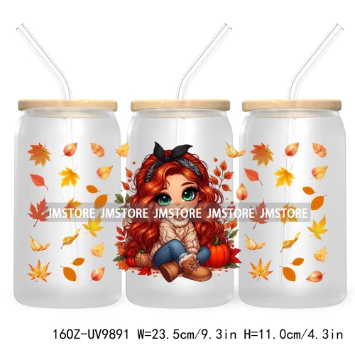 Mexican Latina Chibi Autumn Baby Girl UV DTF Sticker For 16OZ Libbey Glass Cup Can Wrap Transfer Stickers Custom Labels DIY Logo