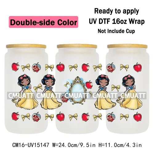 Double Sided Color UV DTF Cup Wraps 16OZ Bulk Waterproof Wholesale Custom Cartoon Cute Princess Mug Glass Water Bottles Sticker