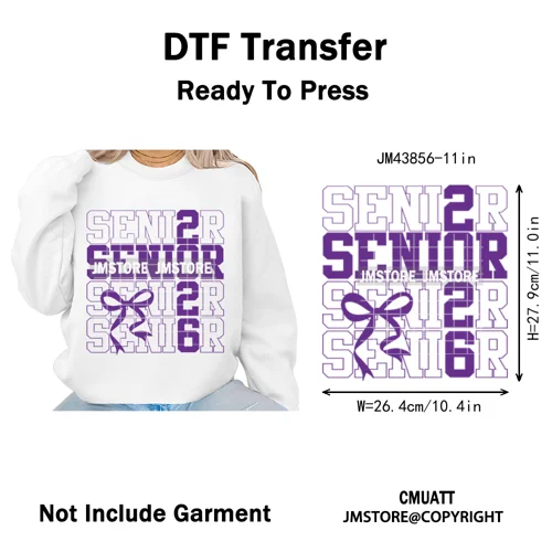 High School Senior 2026 Graduation Club Coquette Gifts Iron on Washable DTF Heat Transfers Stickers Ready to Press for Clothes