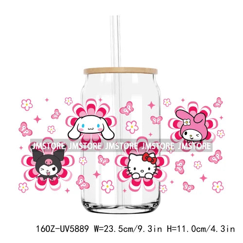 Flower Cartoon Cat With Pink Bow 16OZ UV DTF Cup Wrap Transfer Sticker Custom Label Durable Waterproof Logo For Libbey Glass Can