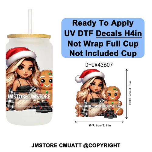 Mexican Girl Christmas Gingerbread UV DTF Cup Decals Ready To Apply Transfer Stickers Durable Custom Labels For Libbey Glass Can