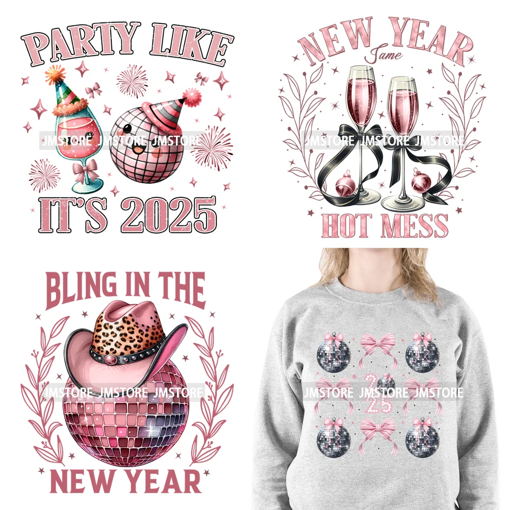 Pink Cheer New Year Eve 2025 Disco Ball Coquette Bow Christmas Party Iron On DTF Transfer ticker Ready To Press For Sweatshirt