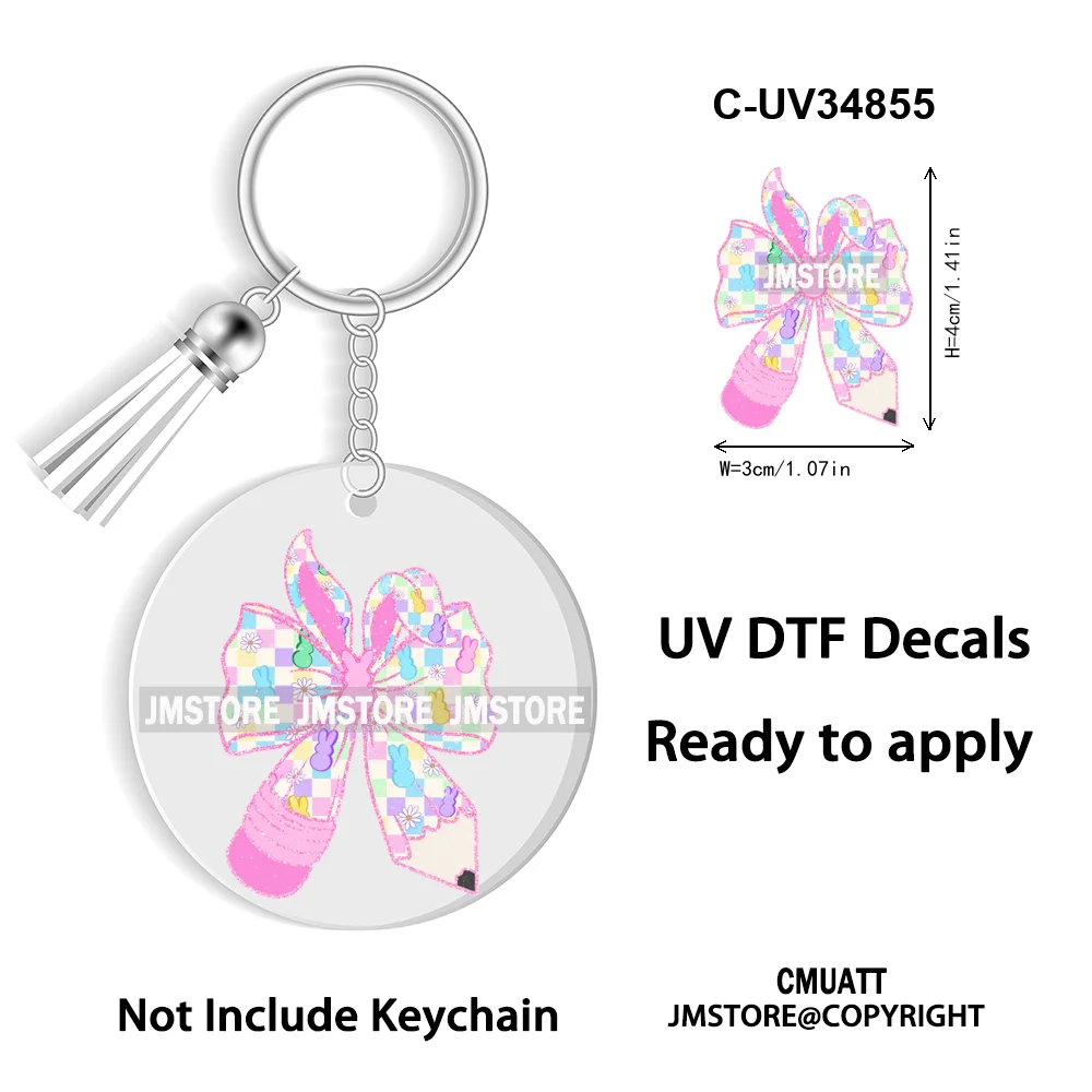 Happy Easter School Teacher Life Retro Coquette Easter Bunny WaterProof UV DTF Sticker For Round Circle Acrylic Keychain Keyring