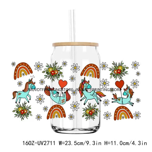 Rainbow Unicorn With Flowers 16OZ UV DTF Cup Wrap Transfers Stickers Custom Labels DIY Waterproof Logo For Libbey Glass Can