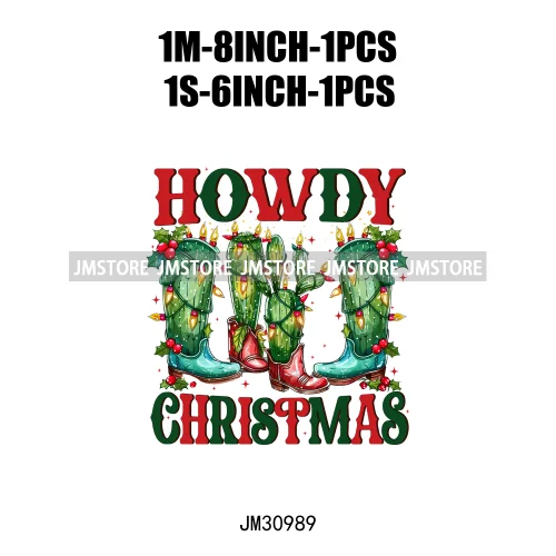 Howdy Christmas Cheer Vibes Coquette Western Country Cowgirl Boots Iron On DTF Transfer Stickers Ready To Press For Clothes Bags